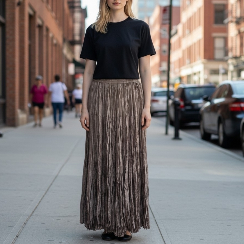 Cami International Silk Crinkled Broom Skirt Medium Maxi Length Taupe Neutral